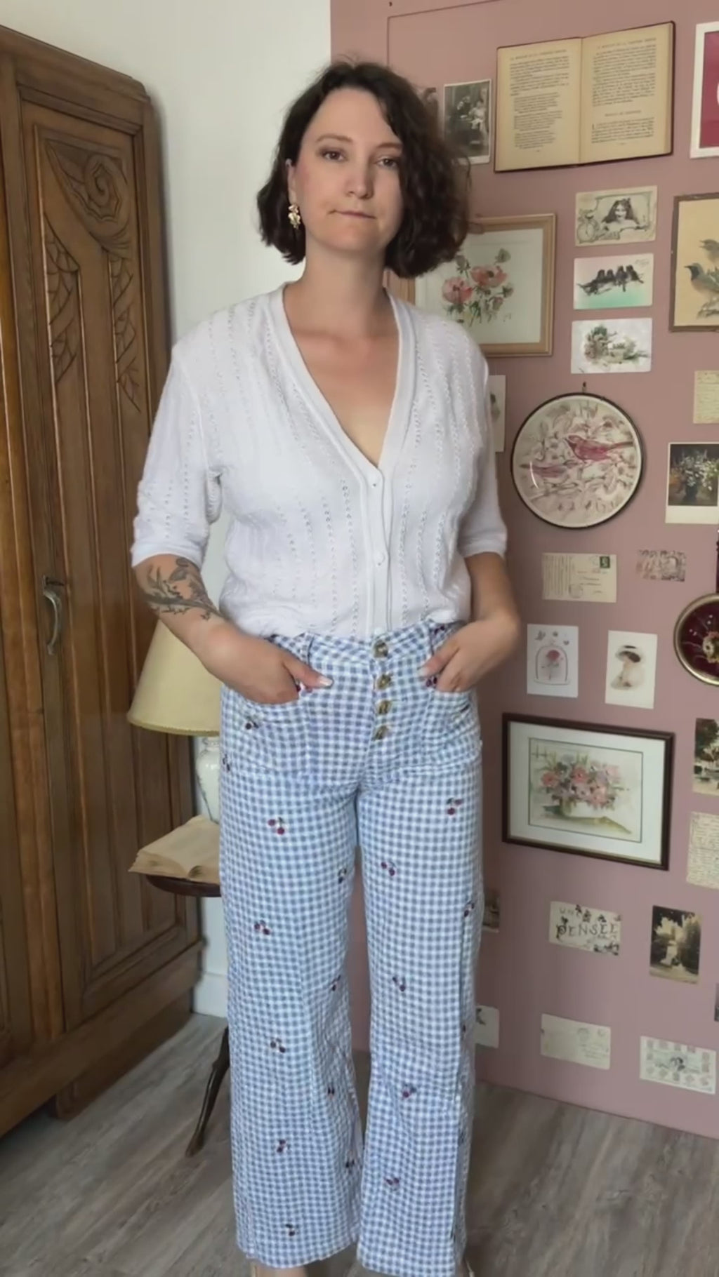 Cardigan blanc en maille ajourée – T. 40/42 – Vintage années 80/90