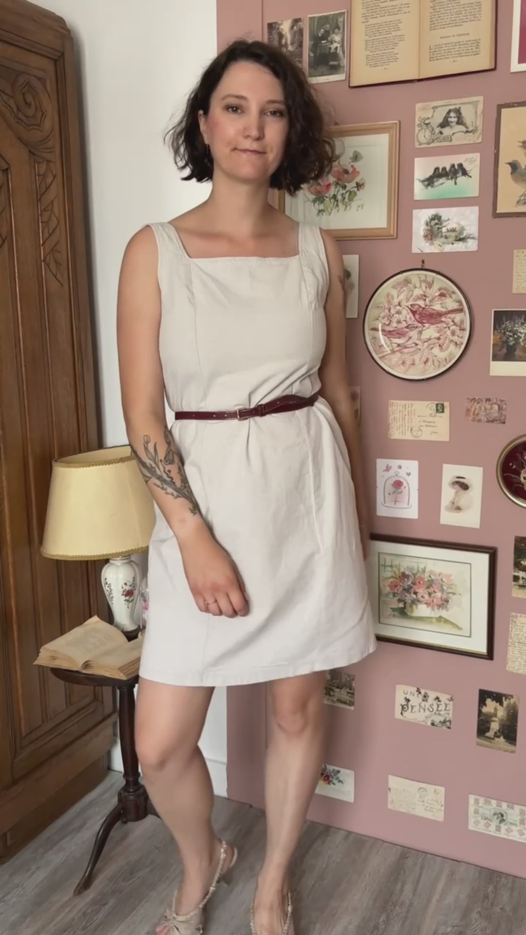Robe droite beige coton & lin – Lucchini – T. 38 – Vintage années 90/2000