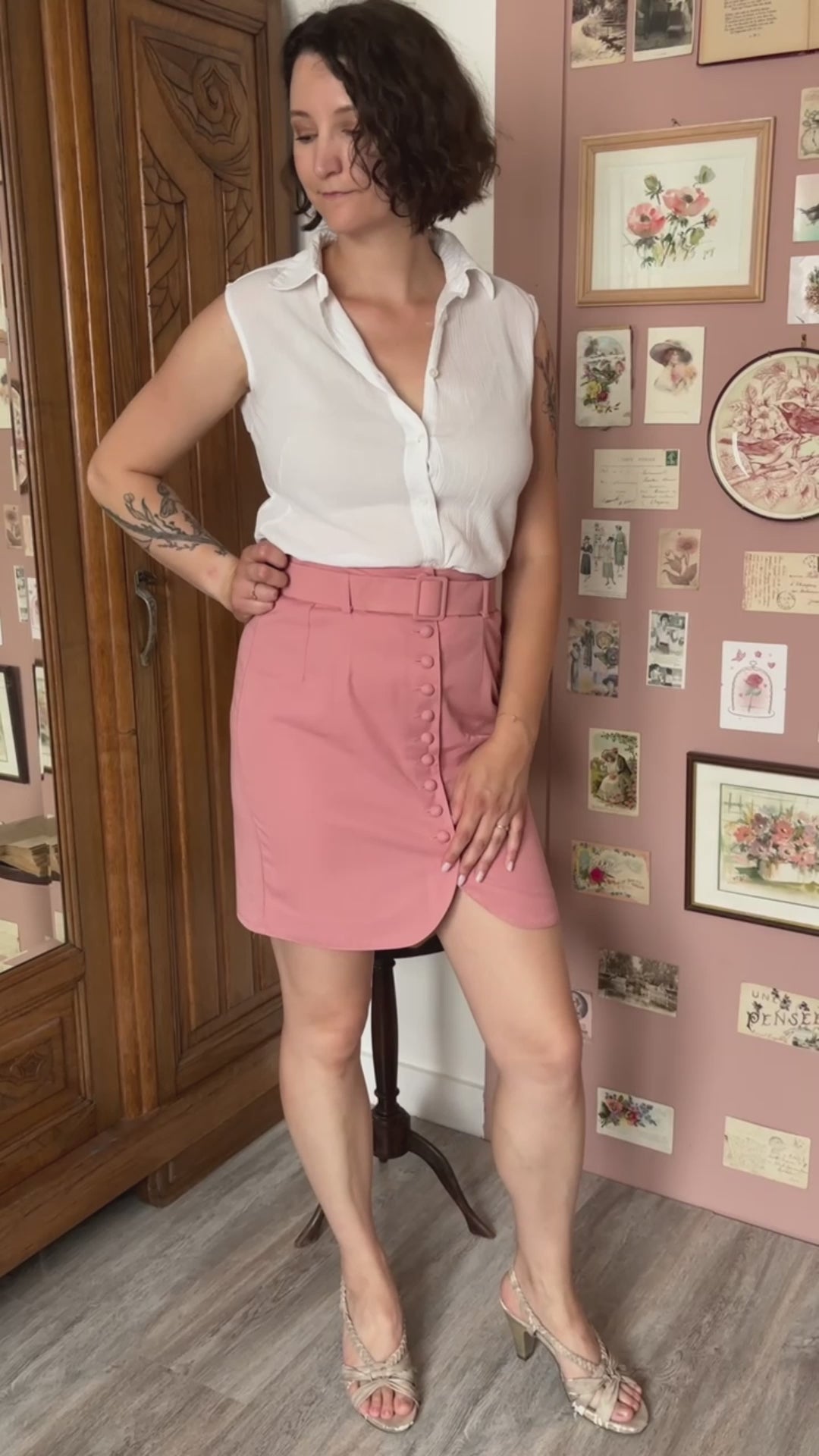 Jupe taille haute vieux rose à ceinture – T.36/Petit 38 – Vintage années 90