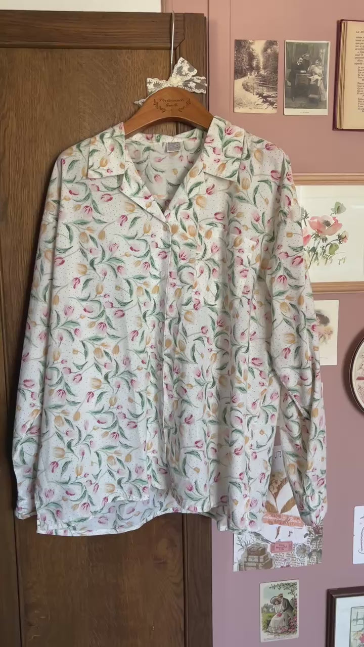 Chemise fleurie blanche tulipes – T.44/46 – Vintage années 90