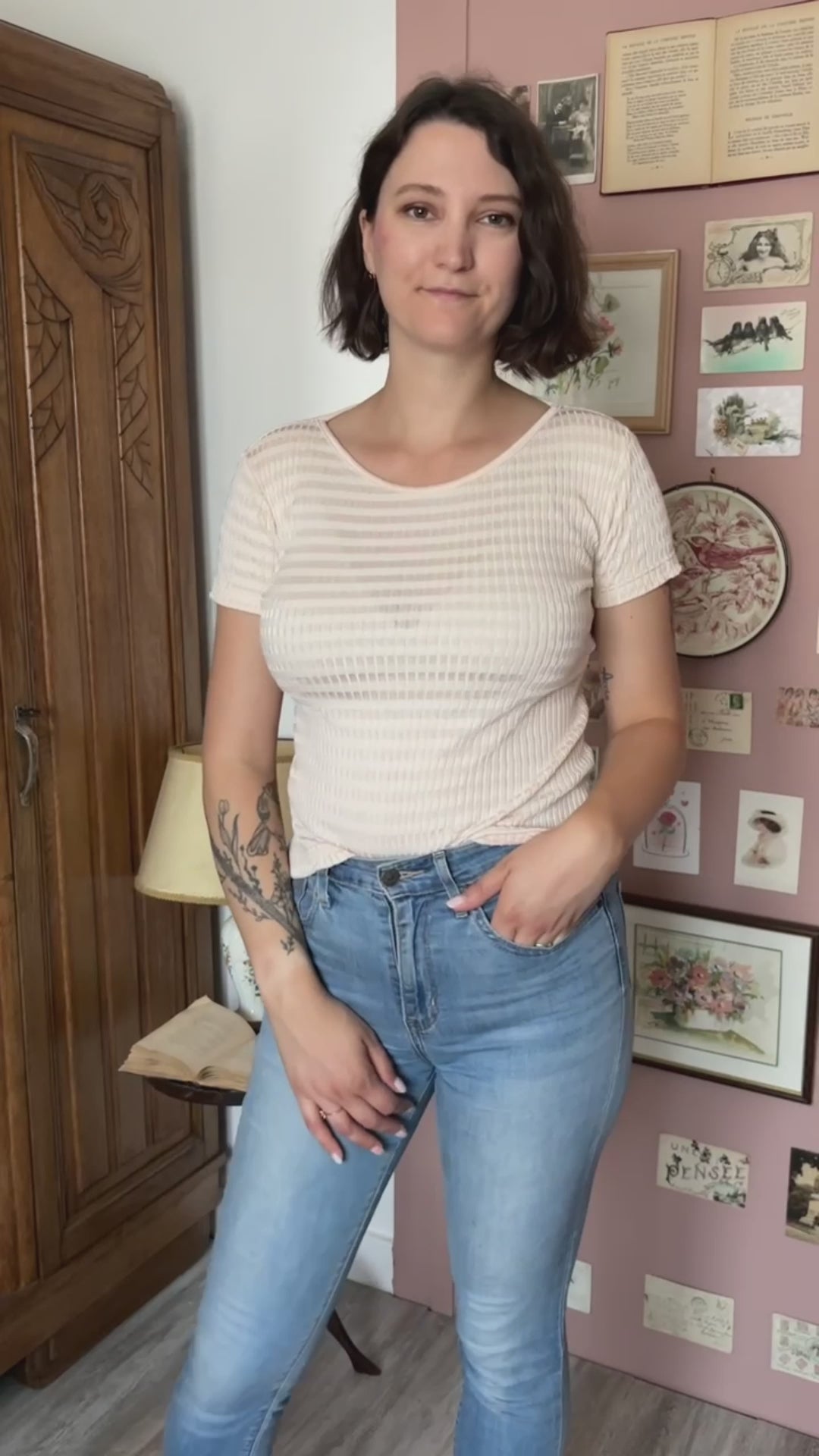 T-shirt côtelé pêche vintage – T.34 – Années 90/2000