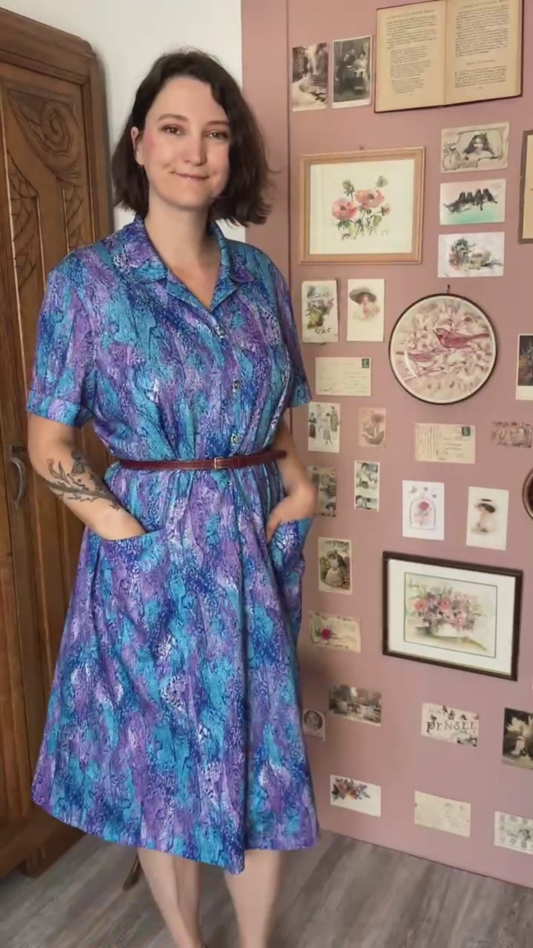 Robe vintage imprimé abstrait bleu & violet – T. 50/52 – Années 90
