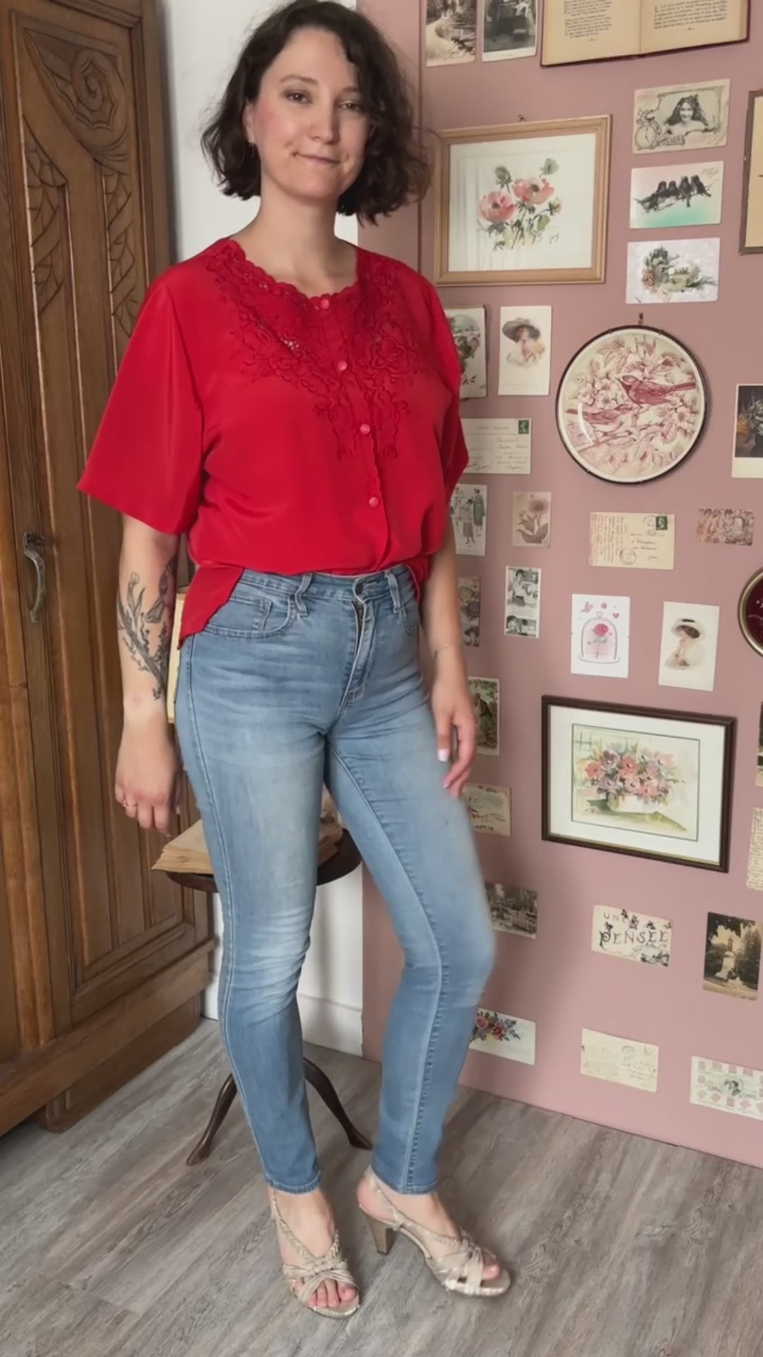 Blouse rouge détail dentelle – T. 42/44 – Vintage années 80/90