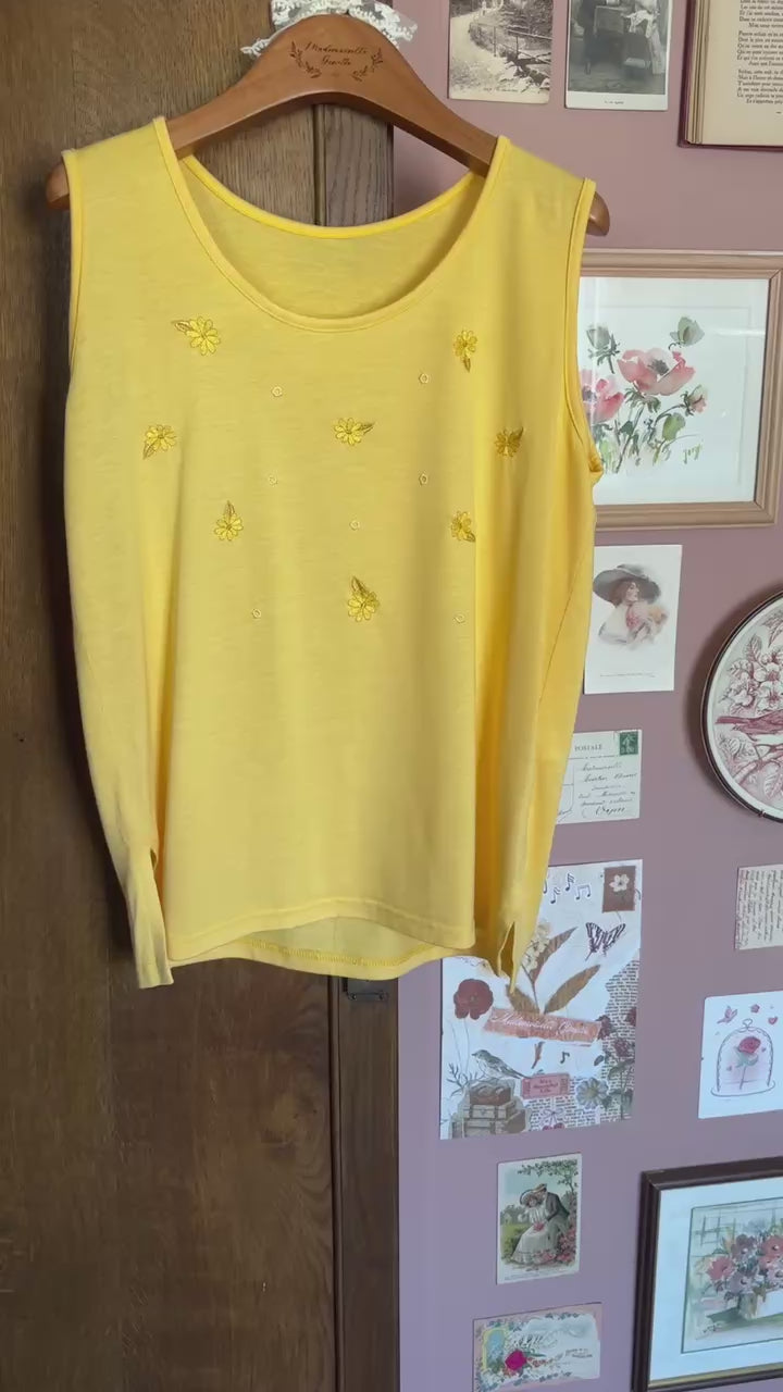 Débardeur jaune à fleurs brodées - Du 38 au 42 - Années 90